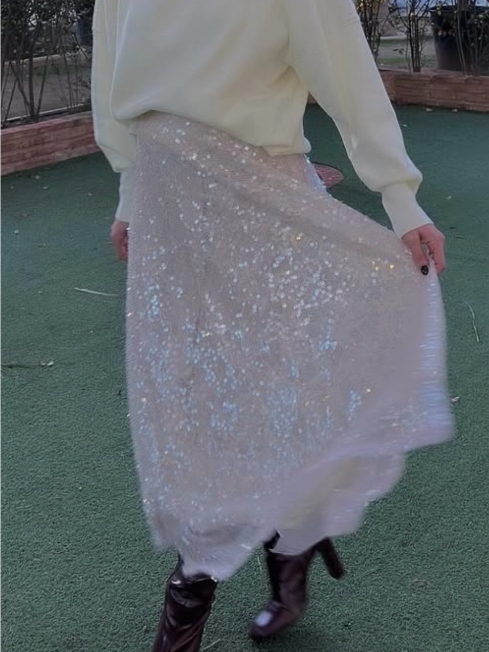 Sequin Mesh Midi Skirt in Ivory
